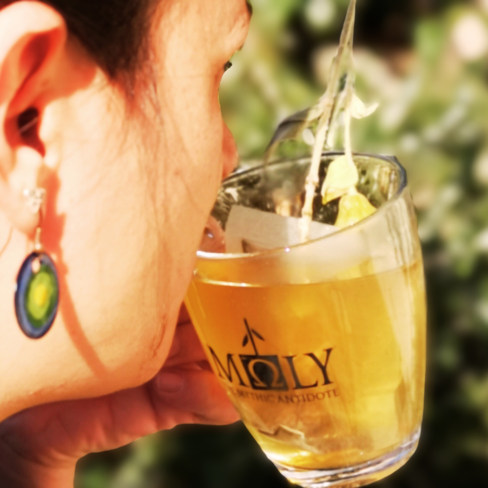 Aspasia KOuntria enjoying a cup of Moly herbal tea