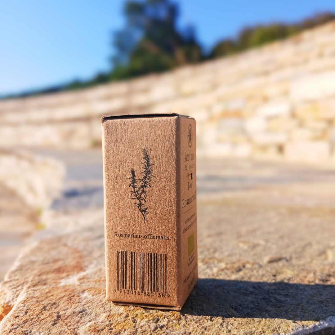 Anthos botanicals Rosemary essential oil product side view, rosmarin