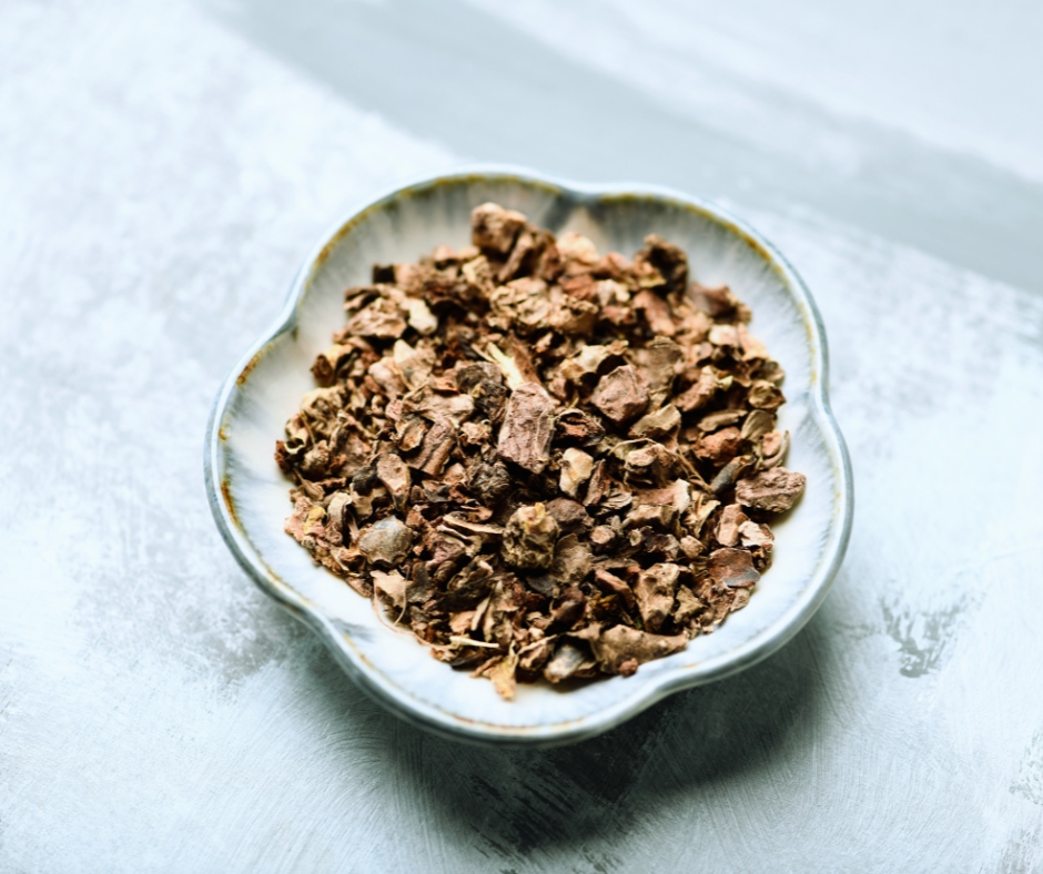 Rhodiola rosea dried root in a ceramic bowl