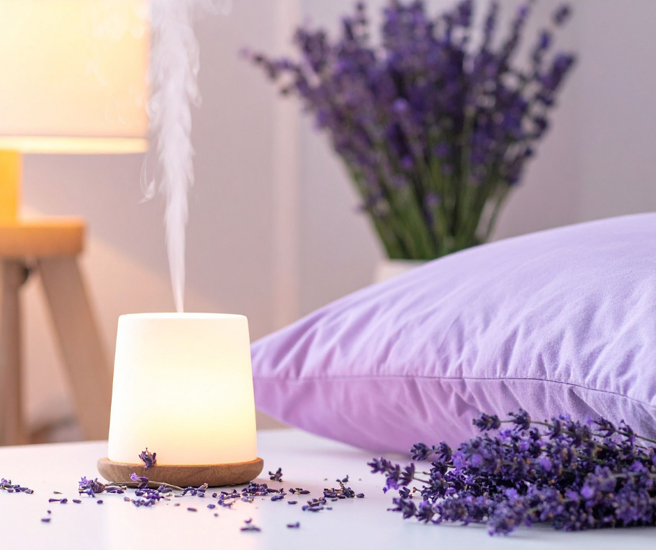 an essential oil diffuser with fresh lavender bunches around a bed