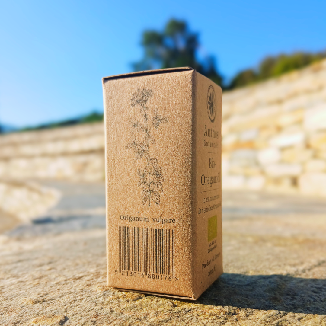 Anthos botanicals oregano essential oil side view with oregano botanical illustration