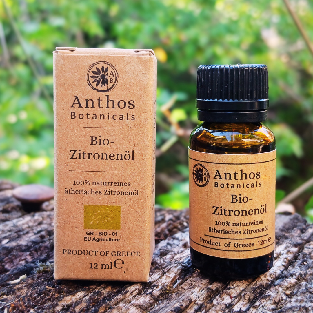 Anthos Botanicals lemon organic essential oil, zitronenol, Pinakates, mt Pelion